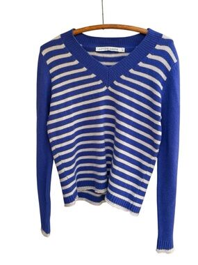 Patricia Adams 100% Cashmere Blue & Cream Striped V-Neck Sweater Size L